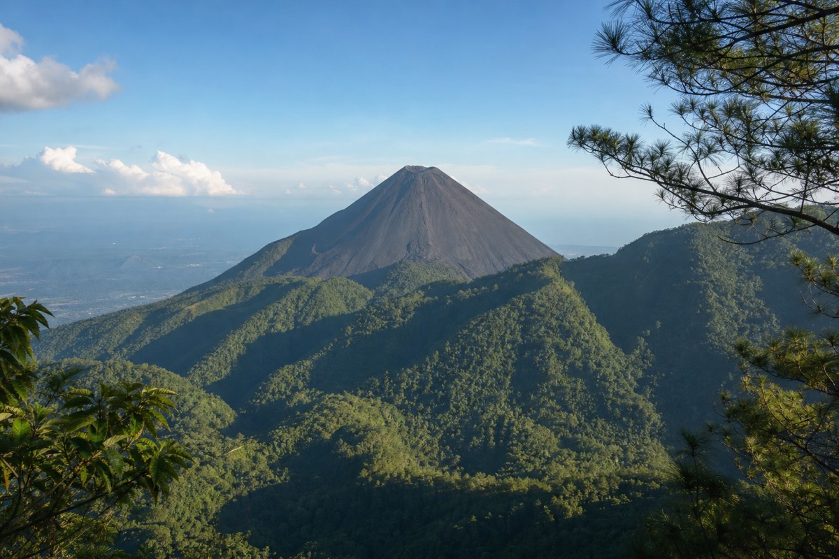 Izalco's dark bare volcanic cone seen from a forested viewpoint inside Cerro Verde National Park, green ridges in between