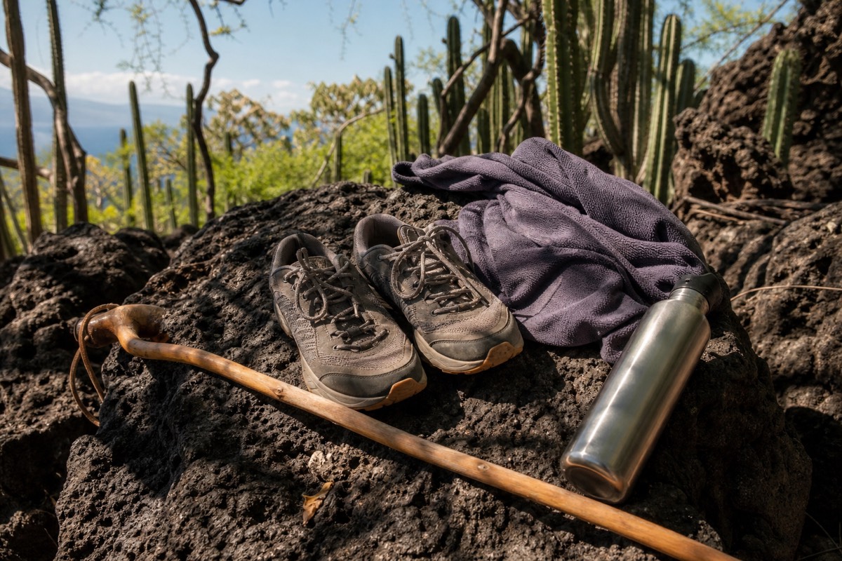 Trail shoes, a wooden walking pole, a fleece and a water bottle arranged on dark volcanic rock in bright sun