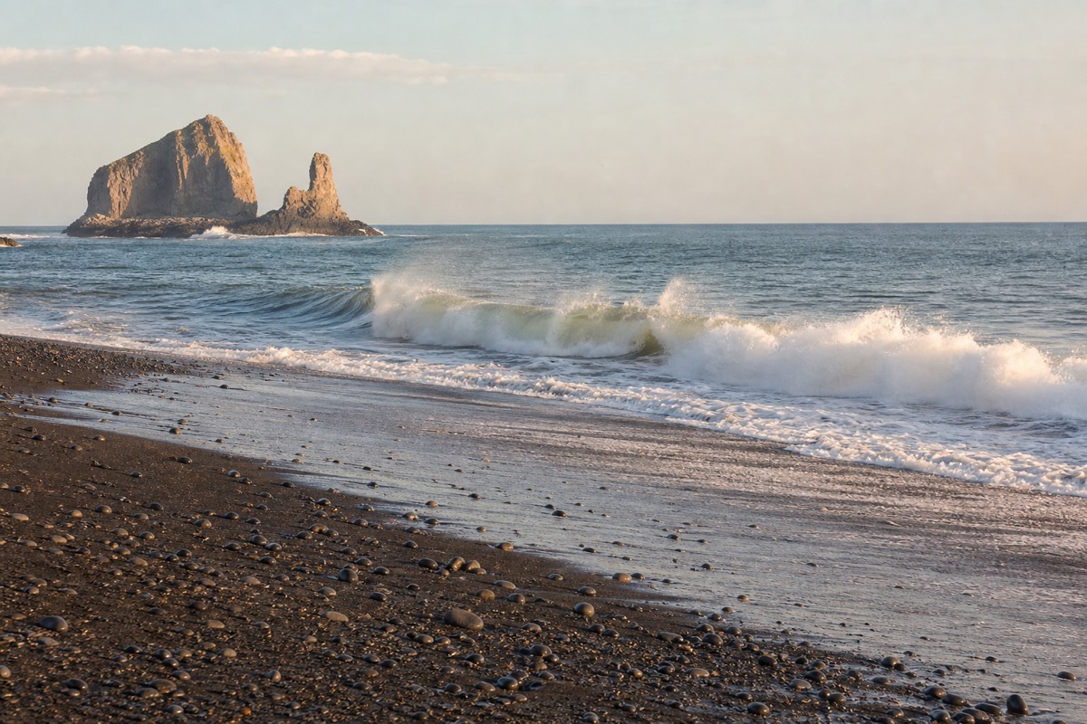 Black volcanic sand beach at El Tunco with rock formations and late afternoon surf