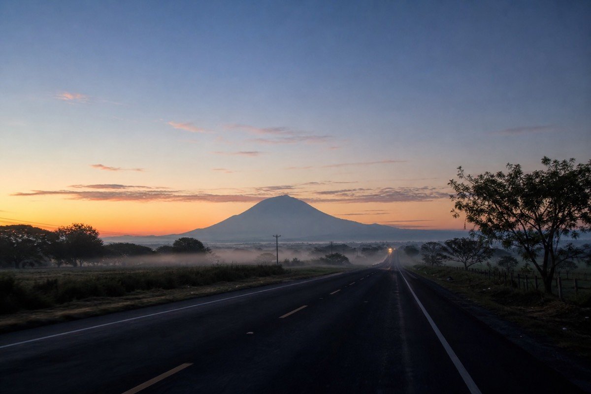 Empty highway heading west out of San Salvador at dawn with a broad volcano silhouette on the horizon and low mist in the fields