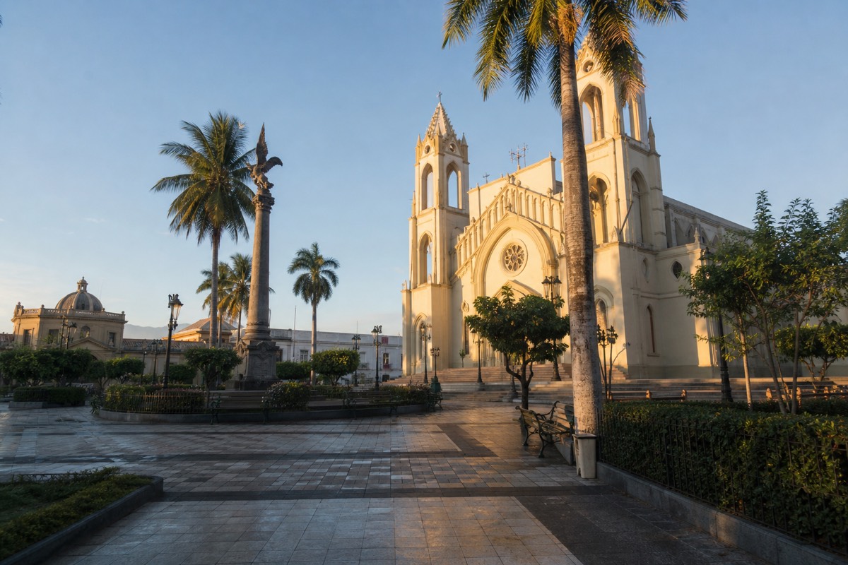 Colonial-era plaza in Santa Ana El Salvador at first light with the cathedral facade catching pale sun