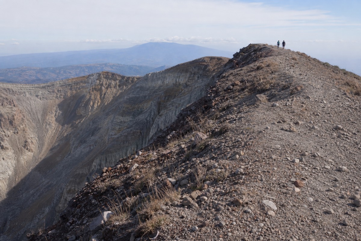 Windswept rocky crater rim of Santa Ana Volcano with distant hikers small against the sky