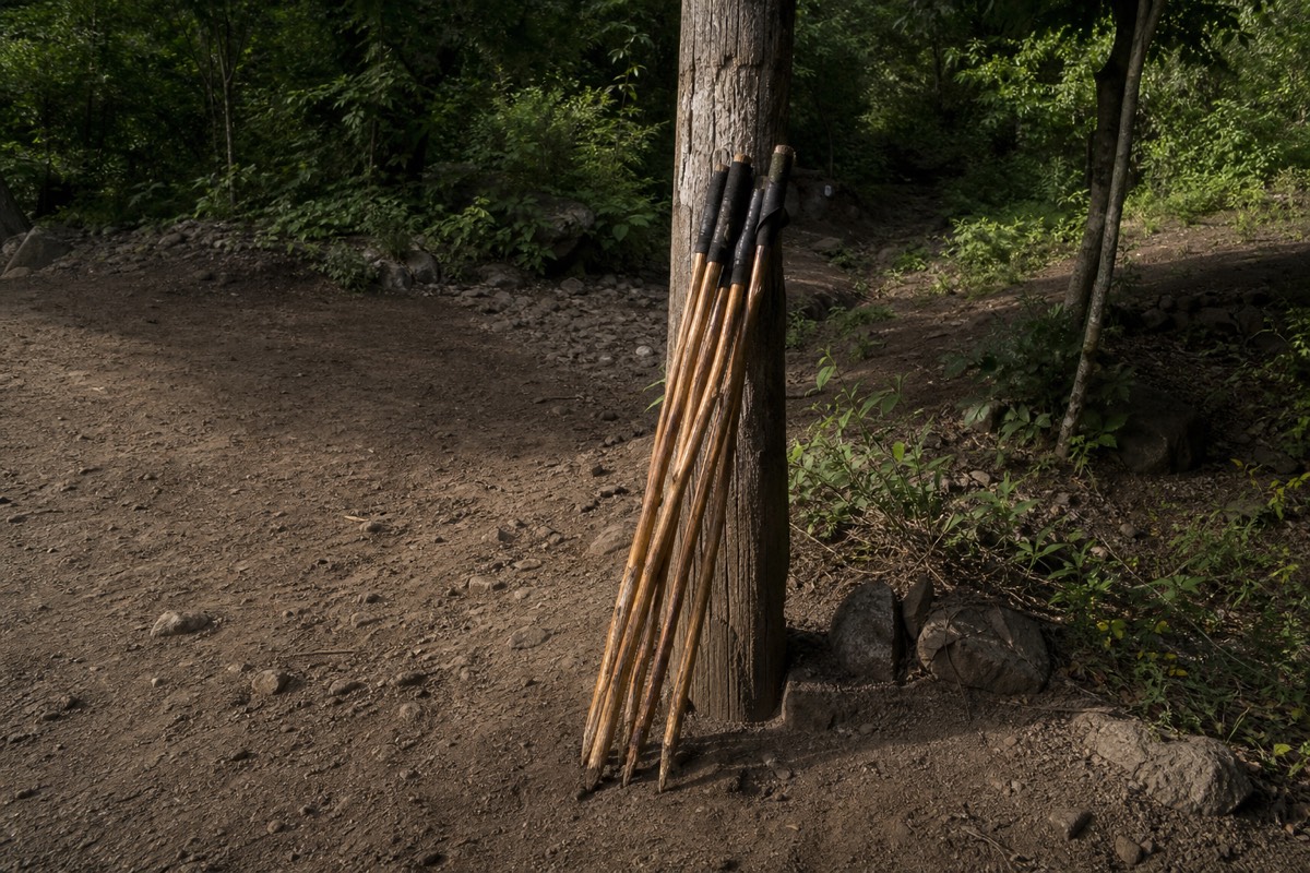 Wooden trekking poles leaning against a post at the Santa Ana Volcano trailhead