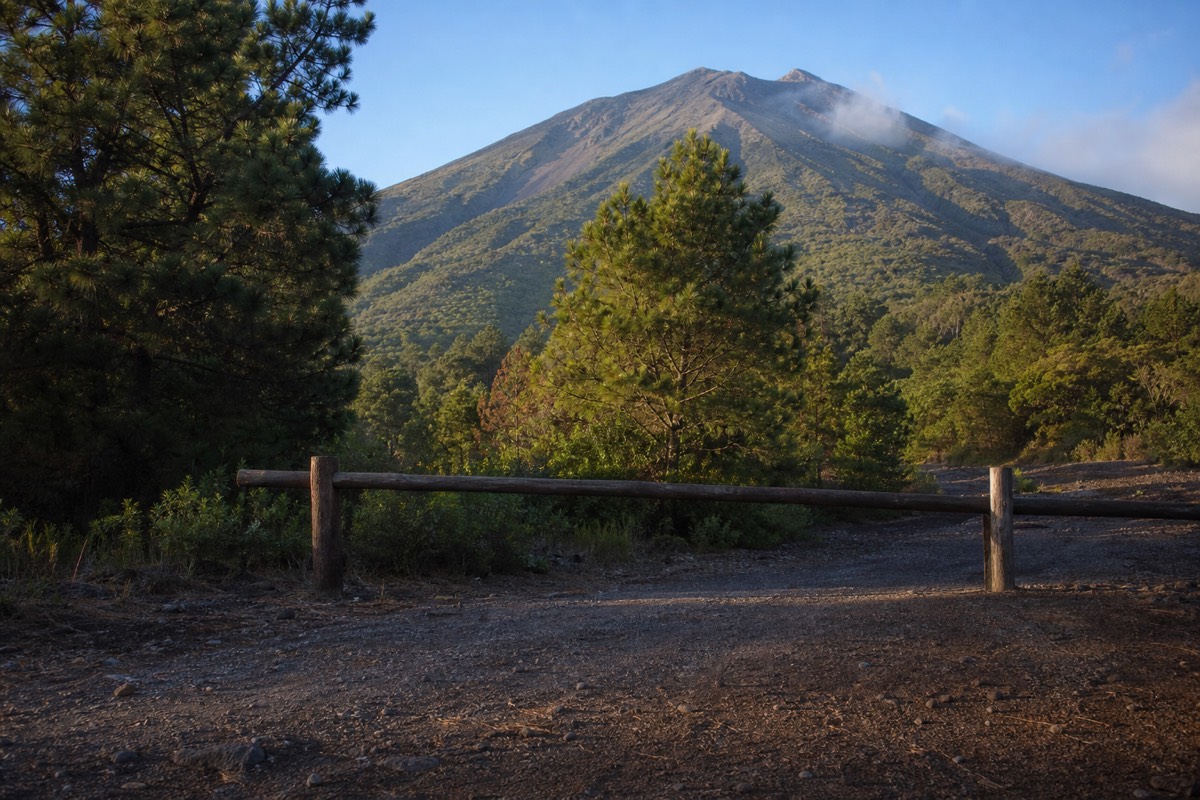 Simple entrance area of Cerro Verde National Park in morning light with a wooden barrier, pine trees and volcano slopes behind, no readable signage