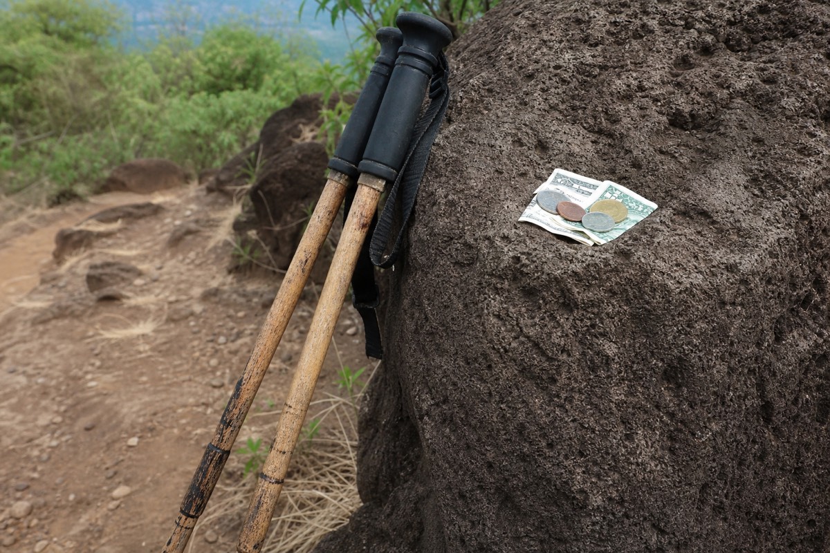 Worn wooden trekking poles leaning against a rock beside a folded pair of US dollar bills and coins on a volcanic trail in El Salvador