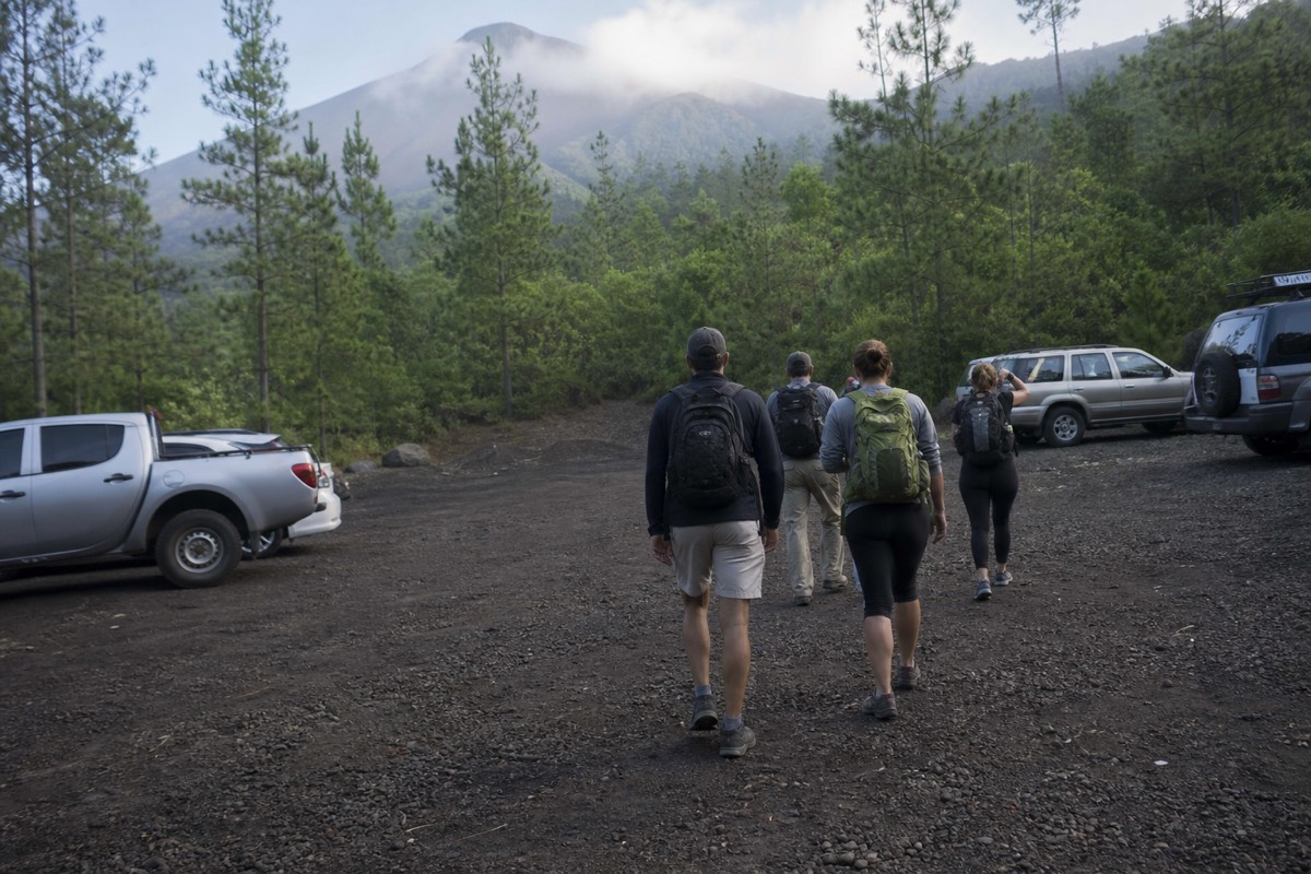 Small groups of hikers seen from behind gathering with daypacks in a misty pine-fringed parking area at a volcano trailhead in El Salvador