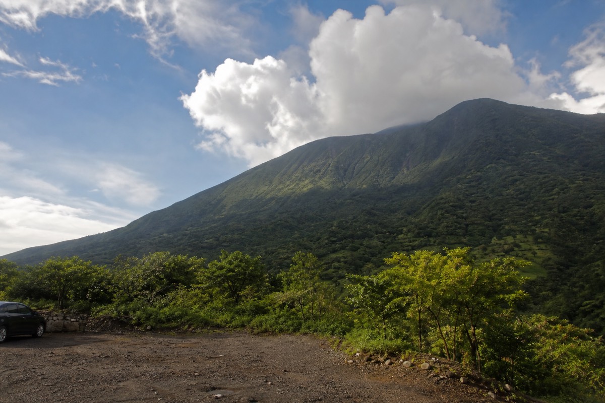 Afternoon cloud building over the green upper slopes of Santa Ana Volcano seen from the trailhead area in the wet season