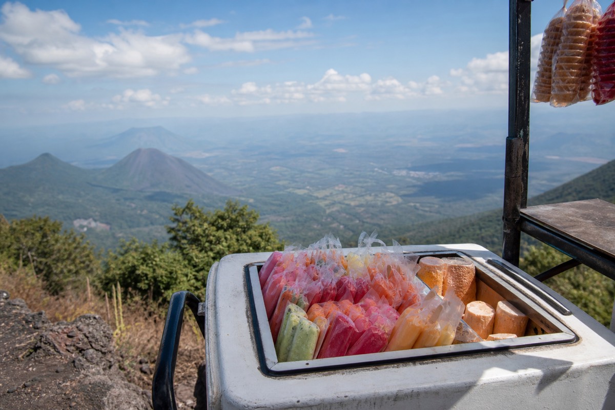 Insulated ice cream cart with colorful fruit paletas at a high volcanic viewpoint, no readable labels