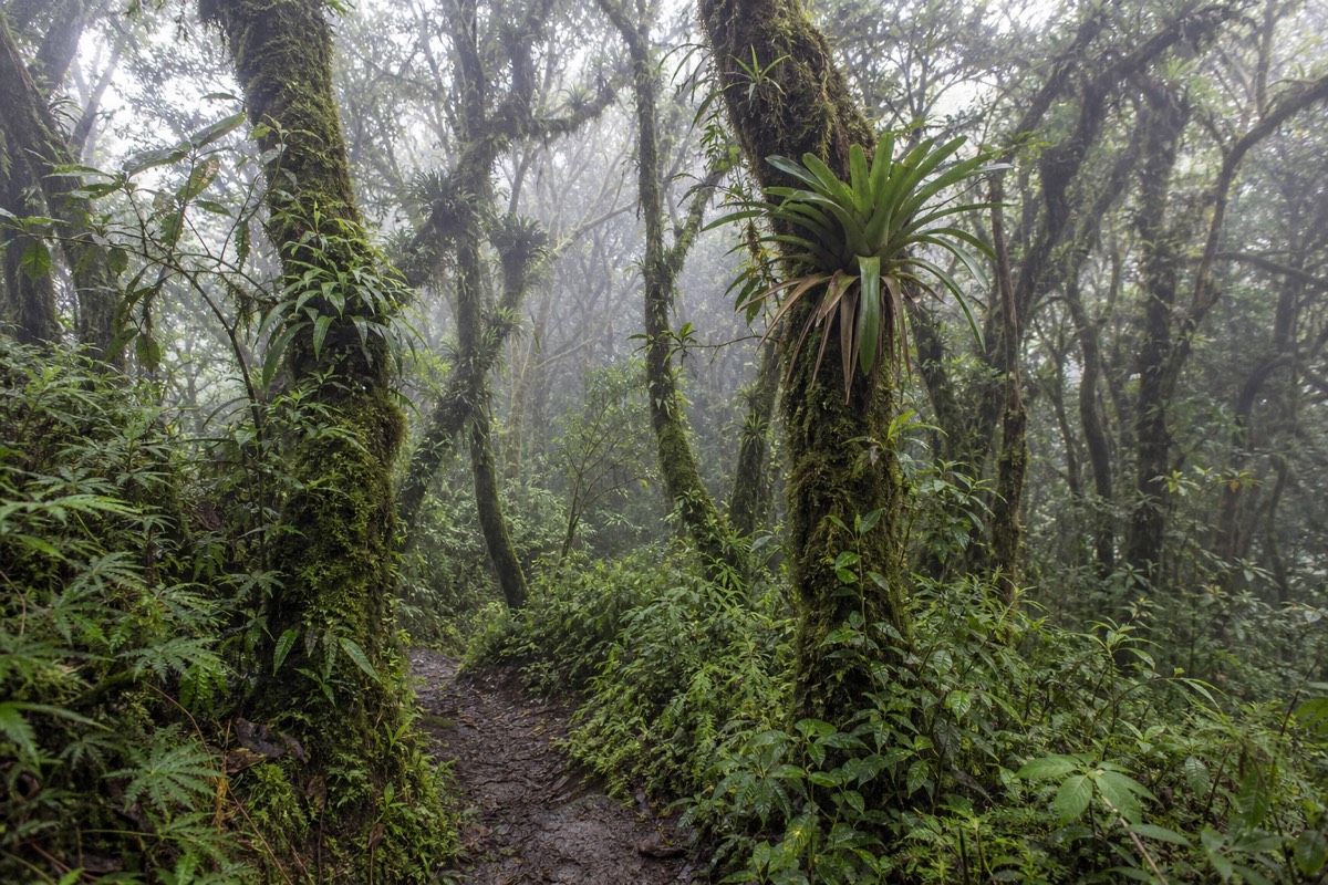 Moss-covered trees and mist inside the cloud forest of Cerro Verde National Park