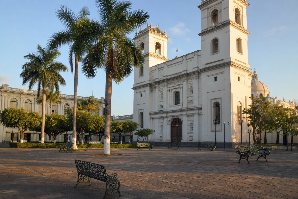 Early morning in the central plaza of Santa Ana city, El Salvador, with the cathedral facade, palm trees and empty benches before the day's heat