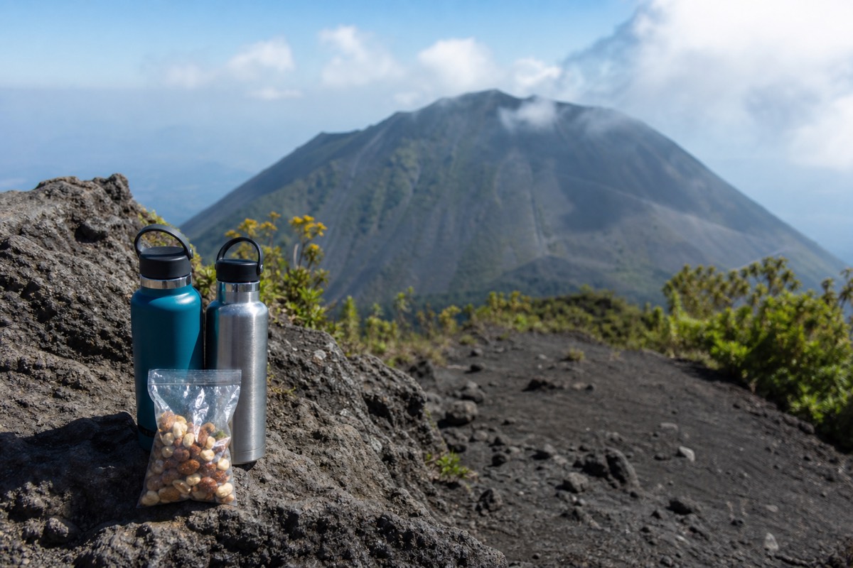 Two water bottles and a small bag of snacks set on a rock beside the open upper trail of Santa Ana volcano in bright sun