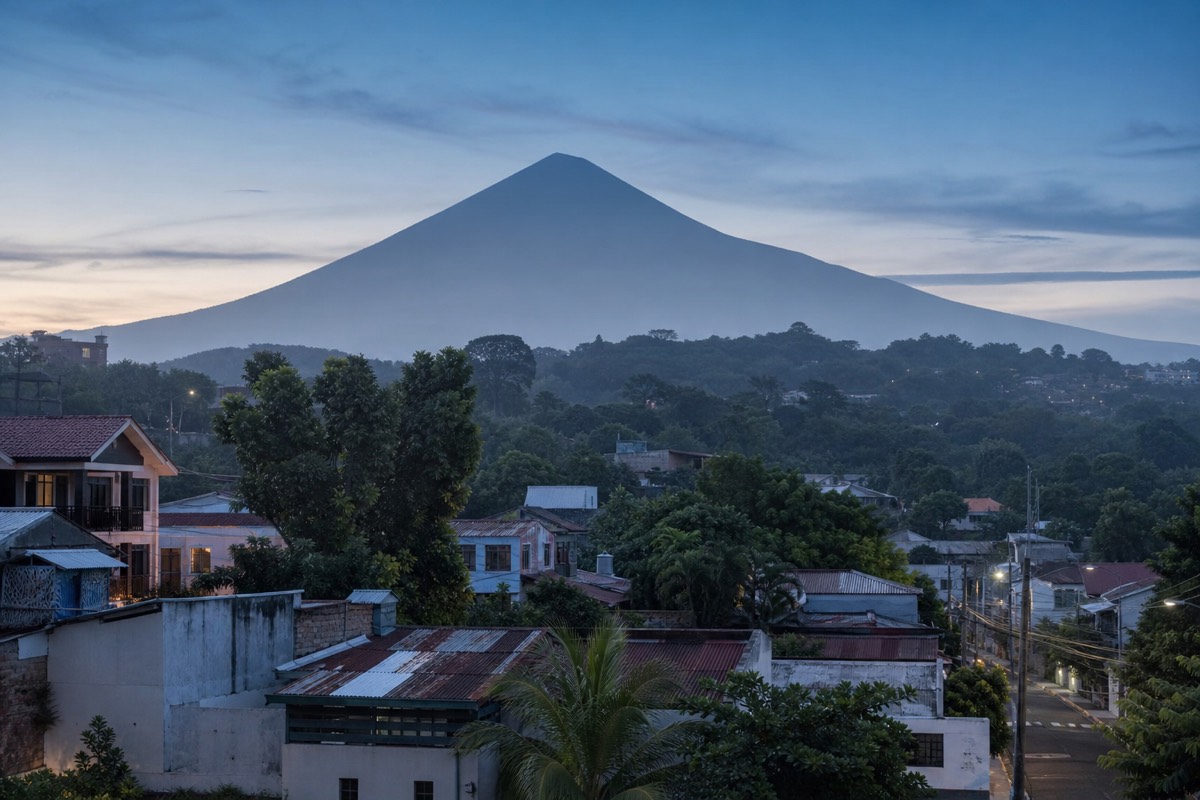 Quiet San Salvador street at dawn with the volcano's silhouette rising behind the rooftops